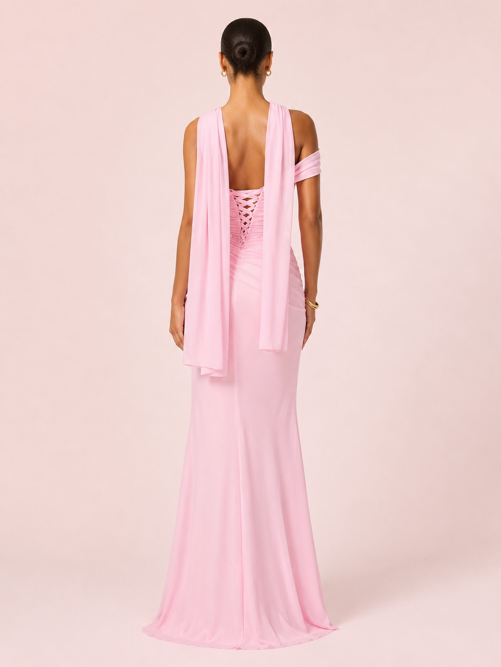 Valeria - Longue robe drapée asymétrique rose pastel