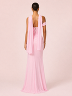 Valeria - Longue robe drapée asymétrique rose pastel