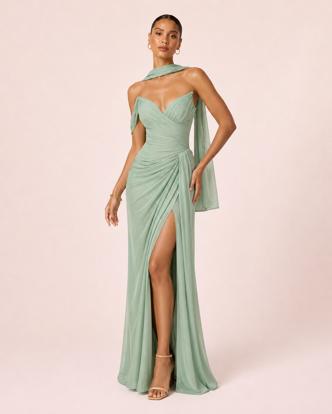 Valeria - Longue robe drapée asymétrique vert sauge