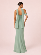 Valeria - Longue robe drapée asymétrique vert sauge