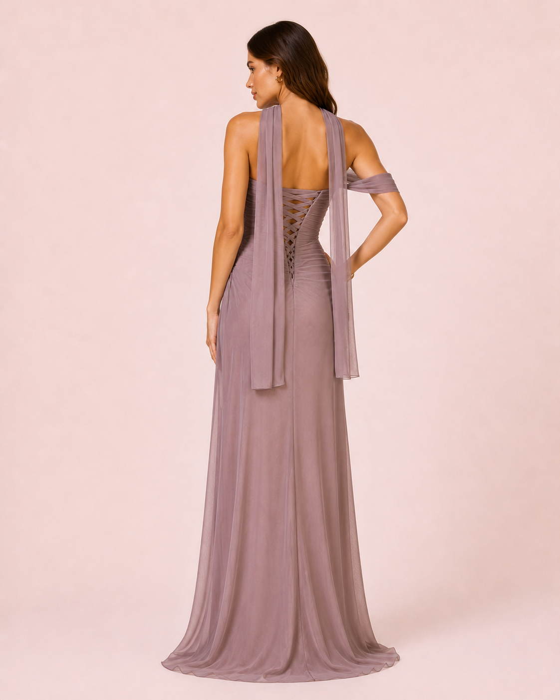 Valeria - Longue robe drapée asymétrique taupe
