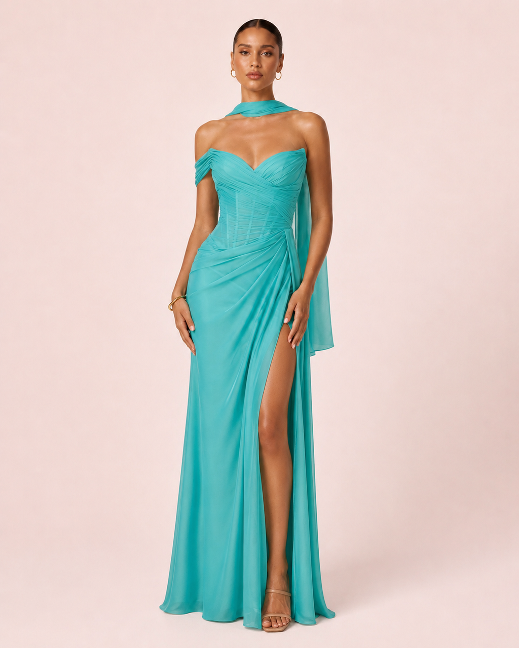 Valeria - Longue robe drapée asymétrique turquoise