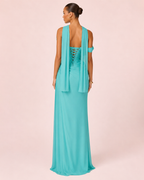 Valeria - Longue robe drapée asymétrique turquoise